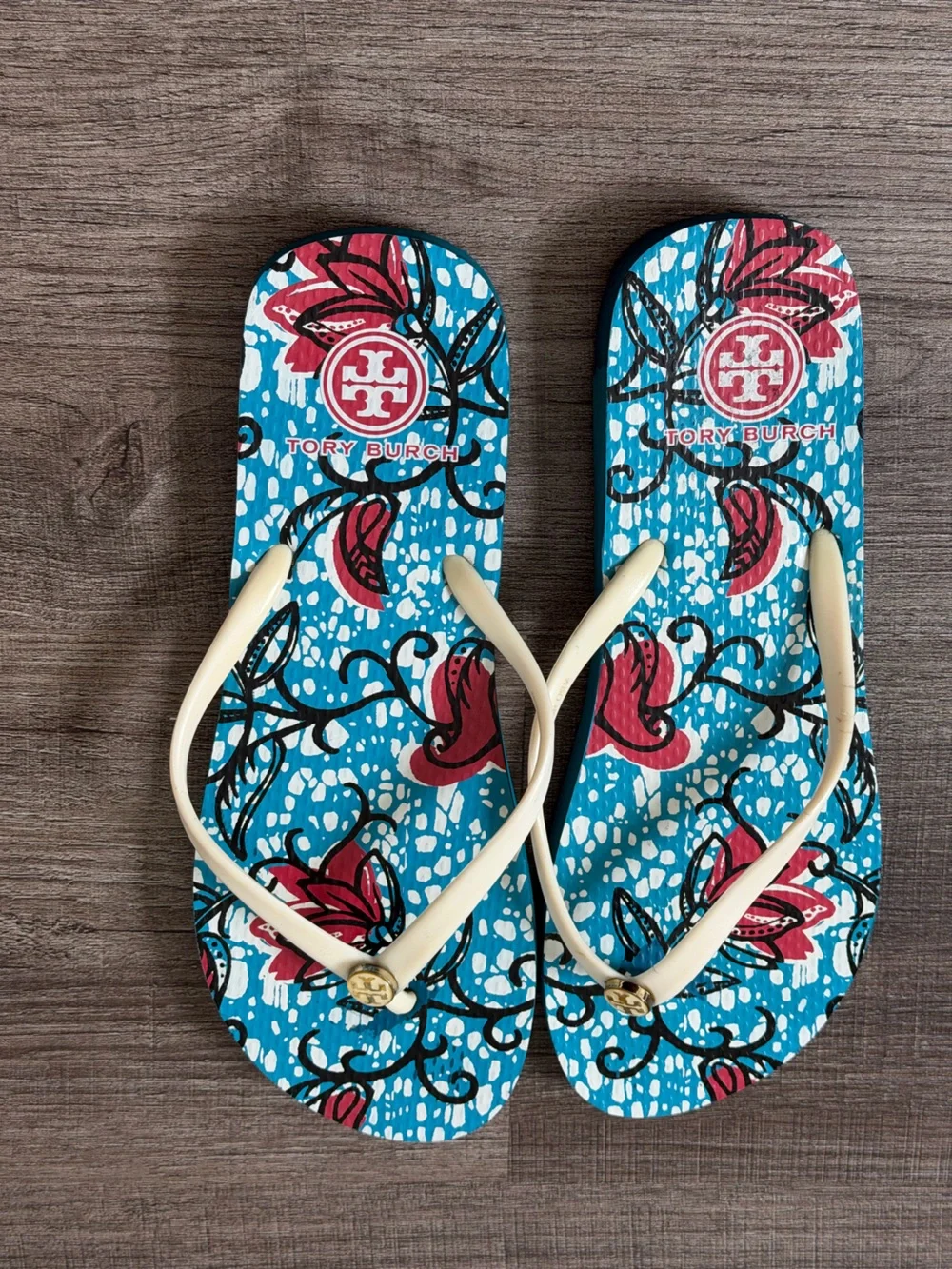 Tory Burch Blue Floral Print Flip Flops with Cream Straps